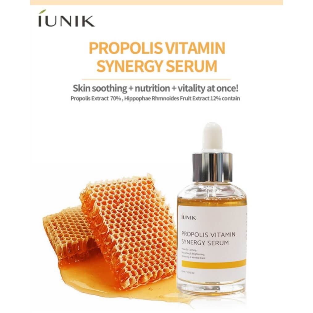 IUNIK Propolis Vitamin Synergy Serum 50 ml.   สูตรลับ ที่ทำให้สาวๆ หลายคน กลับมามีใบหน้าที่นวลเนียน เกลี้ยงเกลา ไร้สิ่งอุดตัน Iunik propolis vitamin synergy serum เซรั่มน้ำลายผึ้ง หยดใส รักษาสิว ยับยั้งการ เกิดสิว รอยแดงจากสิวจางลง ต้านการอักเสบจากสิวอุดตัน และการติดเชื้อจากสิวอักเสบ ไม่มีแอลกอฮอล์ ออแกนิค100%